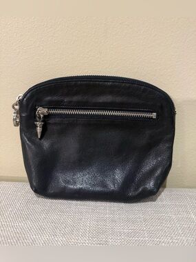 Lisa Jenks Black Leather Zip Pouch Makeup Bag Silver Hardware